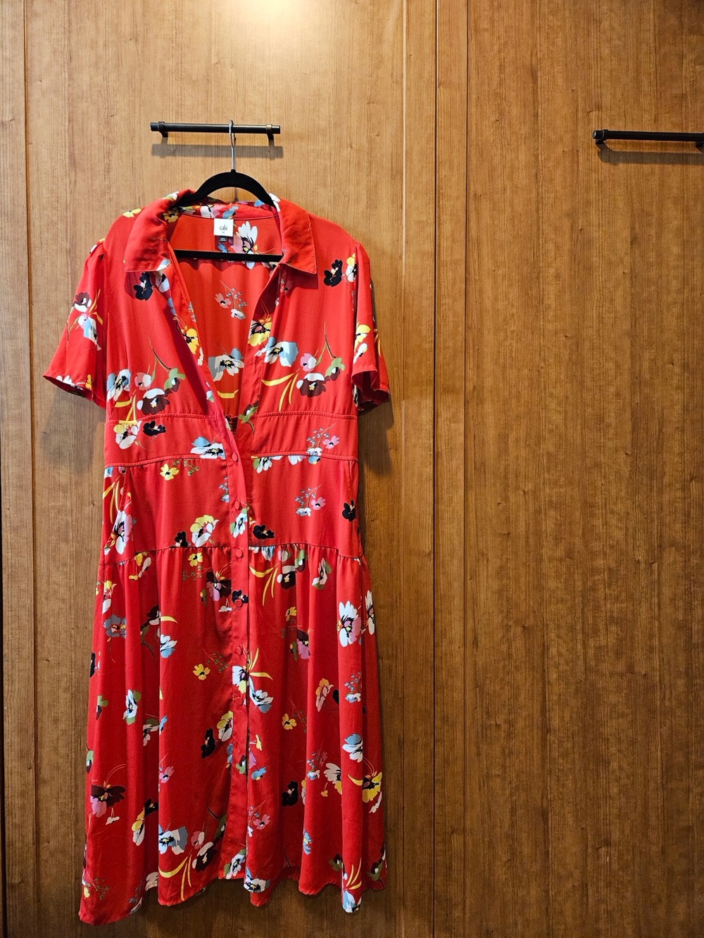 CAbi Red Floral Midi Dress with Button-Front
